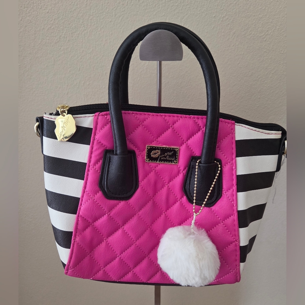Betsey Johnson Pink Quilted Satchel with Black Stripes